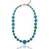 Murano necklace featuring blue and multicolored beads on a white background